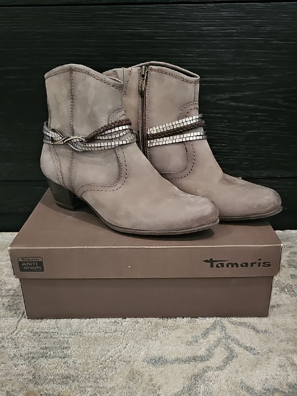 Taupe Suede Ankle Boots with Decorative Metallic Straps